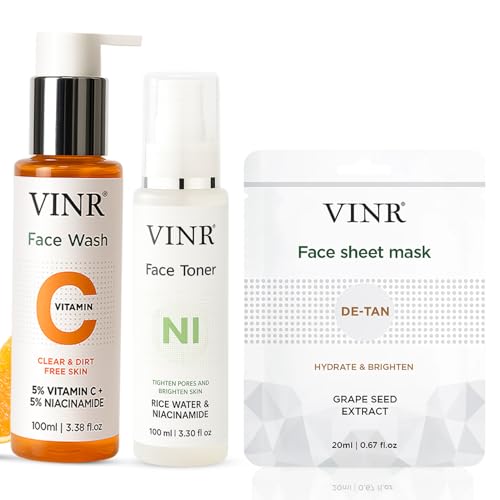 Image of VINR Brightening Skincare Combo - Niacinamide Rice Water Face Toner, Vitamin C Facewash & D-Tan Face Sheet Mask | For Tan Removal, Oil Control & Glow | All Skin Types | For Men & Women