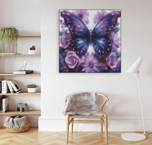 Image of Butterfly Flower Stamped Cross Stitch Kits Flower Cross Stitch Patterns,Dimensions Cross Stitch Kits Embroidery Kit Arts and Crafts for Beginners 13.7x13.7 inches