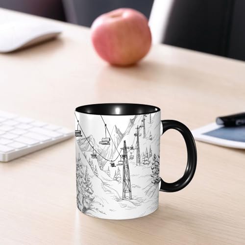 EMCLKS Ceramic Mug,tazas desayuno,taza te,tazas cafe,taza navidad,regalos originales mujer,regalos para parejas,Telesquí dibujado a mano en blanco y negro, línea de telesquí Snow Ridge,330ml