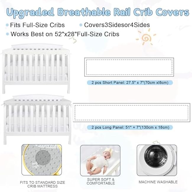 3 Pc Crib Rail Cover for Teething Sets,Reversible Teething Guard,Soft Anti-Collision Strip Corner Cover (Gray-Bubble)