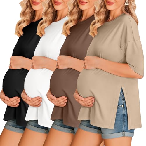 Ekouaer 4 Packs Women's Maternity Tops Split Side Short Sleeve Casual Pregnancy Shirts Crew Neck Mama Clothes Black/Brown/White/Khaki S