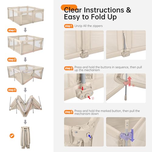 Image of Foldable Baby Playpen,Portable Indoor & Outdoor Playpen for Babies and Toddlers,71 inchx79 inchExtra Large Play Pen with Gate,Collapsible Baby Fence with Travel Bag(Light Khaki)