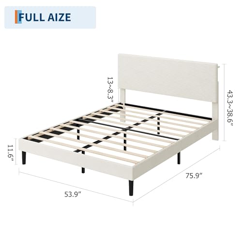 Image of GarveeLife Corduroy Upholstered Platform Bed Frame with USB Charging Station, Adjustable Storage Headboard, Wooden Slat Support, No Box Spring Needed, Easy Assembly, Full Beige