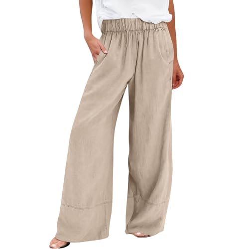 Linen Pants for Women Elastic Waist Baggy Dressy Palazzo Office Pants Flowy Lightweight Wide Leg Trousers with Pockets Loose Comfort Gauze Vacation Beach Pant Plus Size Teacher Summer Work Pant