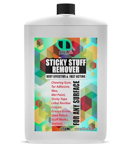 Sticky Stuff Remover multi-surface adhesive used chewing gum, wood, glass, metal, tiles, painted surfaces, sticky labels, grease, tar, glue, wax, crayon & much more (250ml Postal)