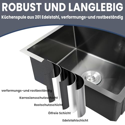 WUDLEP Spülbecken Schwarz 55×45cm, Waschbecken Küche mit Drainage Komponenten, Spüle Schwarz Edelstahl, Kücheneinbauspüle 3-Loch für Schränke mit einer Breite von mindestens 45 cm