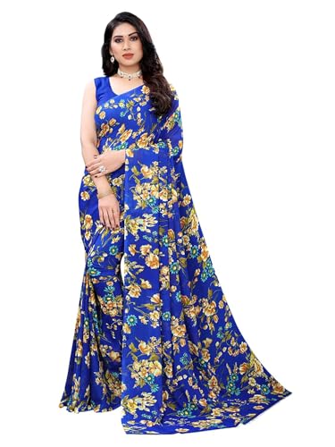 Shiv Textiles Women's Georgette Floral Printed Saree(123S104_Royal Blue)