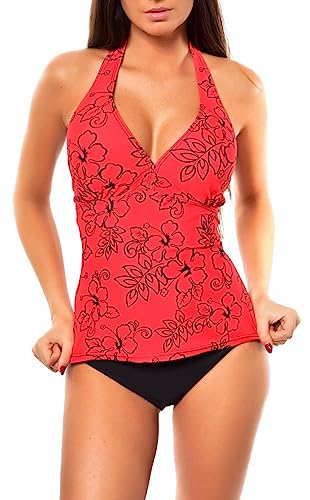 Neckholder Damen Tankini Set mit Slip 2tlg. Badeanzug f5536 Farbe: A(1134)-S4(sw) Tankini Rot schwarz geblümt, Slip Schwarz, Gr. 44