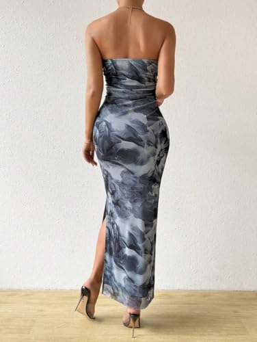 Image of LIGHT DOT Women's Summer Dress Printed Strapless Tube Bodycon Maxi Side Slit Mesh Layered