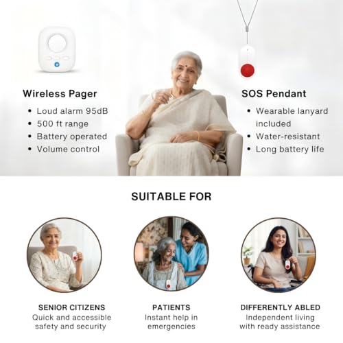 Image of SMILEDRIVE Wireless Caregiver Alarm Bell Pager for Elderly|Emergency SOS Call Button|Nurse Alert for Patients /Disabled /Senior Citizens-500+ft 1receiver 1transmitter|No WiFi /Bluetooth /Internet Needed