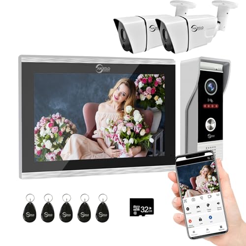 Intercomunicador con cable, timbre de puerta 1080P, sistema de monitor táctil de 10 pulgadas, TUYA WiFi Smart Home Video Intercom Door Phone Kits for Villa Home (1 Timbre+1 Monitor+2 Cámara)