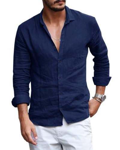 Runcati Mens Button Down Shirt Linen Cotton Shirts Casual Long Sleeve Spread Collar Lightweight Beach Plain Tops 01 Navy