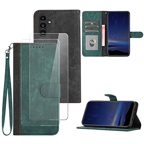 Flip Custodia Premium per Samsung Galaxy A14 5G+2 Pezzi Vetro Temperato .Custodia Sottile per Telefono Supporto Stand Chiusura Magnetica viola-verde pelle sintetica