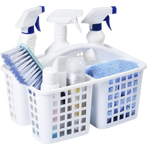 3 Compartments Plastic Shower Caddy Basket, Portable Divided Cleaning Supply Storage Organizer with Handle (White)