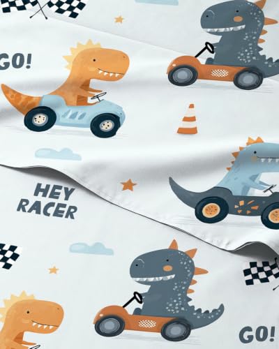 Image of Kids Queen Size Dinosaur Bed Sheets - 4 Piece Kids Dinosaur Sheet Set - Speedy Racecar Bedding - Ultra-Soft, Cute & Cozy - Breathable & Machine Washable - Fun Bed Set for Boys, Girls, Teens & Toddlers