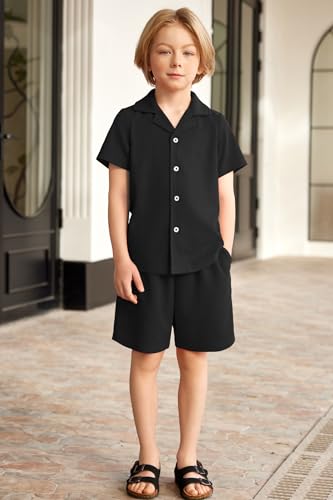 Image of Arshiner Toddler Boys 2 Piece Summer Outfits Waffle Knit Short Sleeve Button Down Shirt & Casual Shorts Sets Size 2-7
