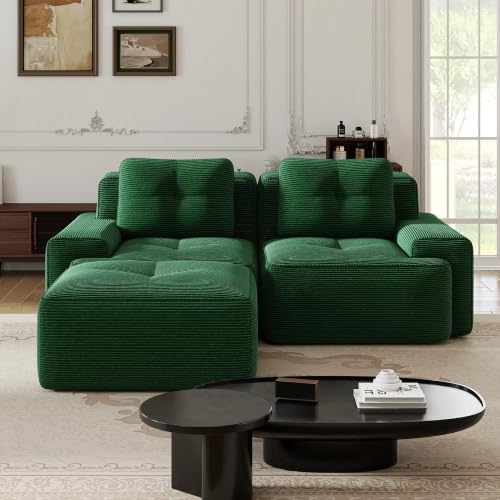 Image of 82 inch L Shaped Modular Boneless Couch with Movable Ottoman, 2 Seat, Soft Corduroy Fabric, Deep Seat Cloud sectional Sofa with Pearl Like Piping and Tufted Design, No Assembly, Anti Slip, Green