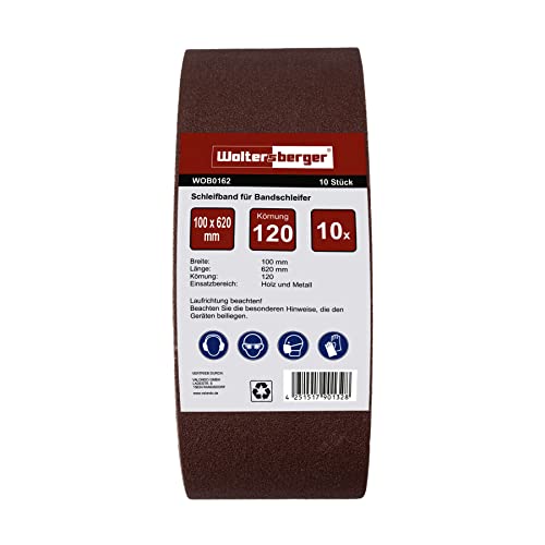 Woltersberger® Lot de 10 bandes abrasives en tissu │ Dimensions : 100 x 620 mm │ Grain P180 │ pour ponceuses à bande │ Papier Abrasif │ Ensemble de...