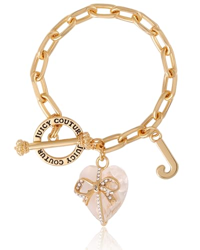 Goldtone Toggle Bracelet for Women with Clear Stone Heart Charm, Y2K Jewelry