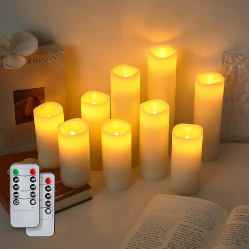 Image of Halloween Flameless Candles Battery Operated LED Candles with Timer and Remote, Pack of 9 Real Wax Pillar Candles Flickering Candle for Home & Holiday Romantic Decor