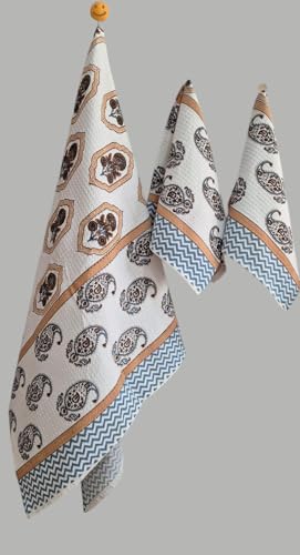 Image of Waffle Cotton Bath & Hand Towel, Hand Block Printed Towel for Bathroom, Quick Drying Towel for Men & Women, Eco Friendly Towel Daily use Towel Pack of 3 Pcs (White4)