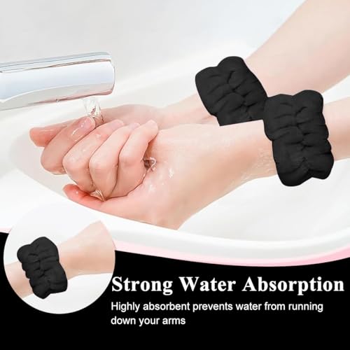Image of MAYCREATE Spa Headband and Wristband for Women Girls Face Washing, Sunflower Sponge Makeup Hairband Skincare Flannel Wrist Washband Set, Soft Elastic Facial Accessories Combo - Black