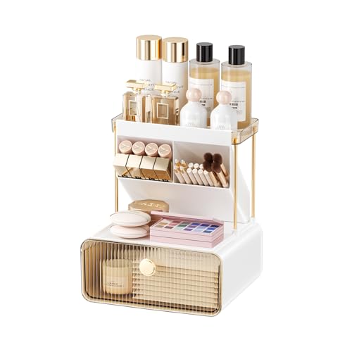 Anlynwooh Makeup Organizer with Drawer, Bathroom Organizers and Storage?Makeup Brush Holder,Lipstick and Perfume Organizer,Cosmetic and Vanity Organizer,Desk Organizer (AMBER)