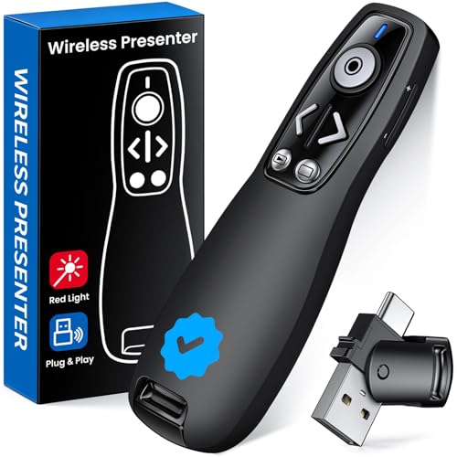 Image of Wireless Presenter Clicker with Bluetooth & USB+Type-C Receiver, Red Laser Pointer, Powerpoint Clicker with Volume Control for PowerPoint /Keynote /Google Slides, Compatible with Laptop /Mac /PC /Android