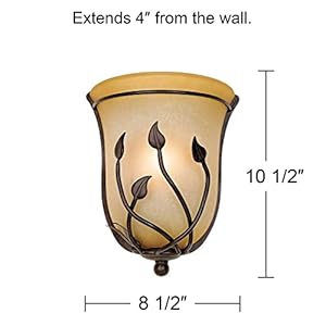 Regency hill leaf and vine farmhouse rustic wall light sconce bronze hardwired 8 12 fixture rimmed amber glass shade for bedroom bedside bathroom vanity living room hallway dining house  urban country home decor