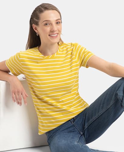 Image of Jockey A121 Women Super Combed Cotton Stripe Fabric Relaxed Fit Round Neck Half Sleeve T-Shirt with Curved Hem Styling