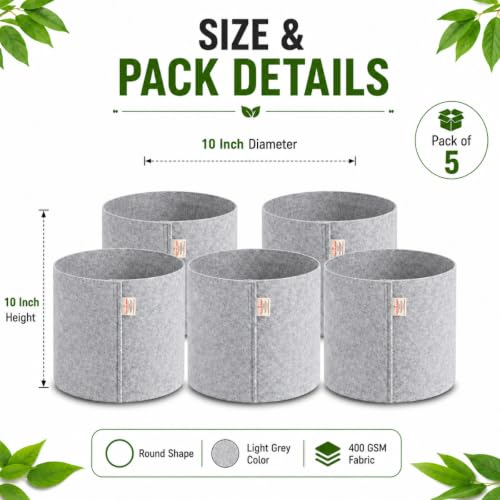 Image of Casa De Amor 400 GSM Geo Fabric Plant Grow Bag, Light Grey 10 x 10 Inch Pack of 5, Round Fabric Pots for Terrace, Balcony, Flowers & Vegetable Gardening