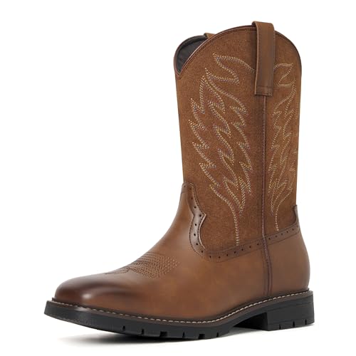 Julyrose Men's Cowboy Boots - Western Boots Square Toe,Slip Resistant,Retro Embroidered Design,Slip on Chunky Heel Country Boot