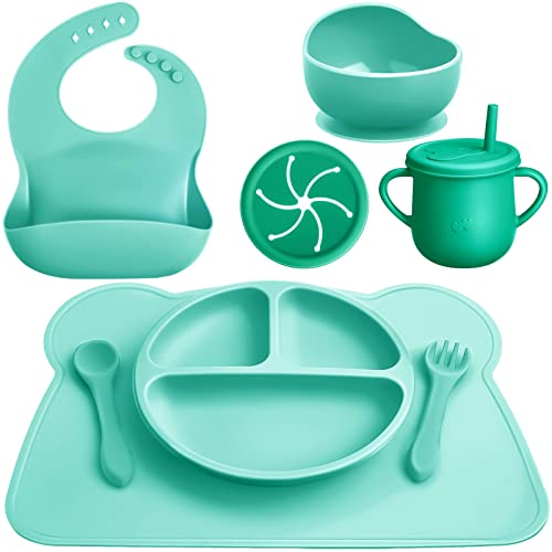 Image of 8 Pack Baby Feeding Eating Supplies Silicone Suction Divided Plate Baby Bibs Suction Bowl Silicone Placemat Silicone Spoon and Fork Silicone Cup with Straw Baby Tableware Set for Toddler (Mint Green)