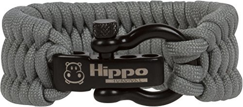 Hippo Survival Military Grade Paracord Bracelet with Black Metal Shackle and Adjustable Size – Tool for Hiking, Camping, Outdoor Trips and Emergency Situations (Grey)