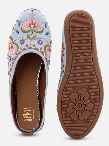 Image of OPIVE's Mehandi Women's Mojari Jutti Ethnic Punjabi Juttis Traditional Flat Embroidered Canvas Fancy Bellies Comfortable Sole for Womens & Girls