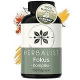 Herbalist Fokus Komplex – Unterstützung von Konzentration & Aufmerksamkeit, 100 natürliche Kapseln mit Koffein, Rhodiola Rosea, Ginseng, L-Tyrosin, Brahmi & Ginkgo, laborgeprüft, ohne Zusätze