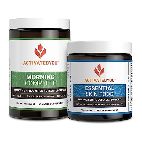ACTIVATEDYOU Morning Complete Prebiotics, Probiotics, Green Superfoods (Apple Cinnamon) + Essential Skin Food Collagen, Elastin Support, 30 Servings Cover