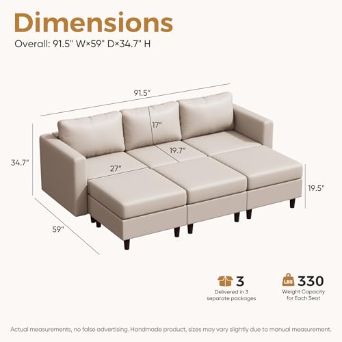 Image of ABCASA 91.5 inch Faux Leather Luxury Modular Sleeper Sofa Bed with Storage Seat, 6 Seat Sectional Couch Deep Seat with Reversible Chaises & Removable Cover for Living Room - Whitesand