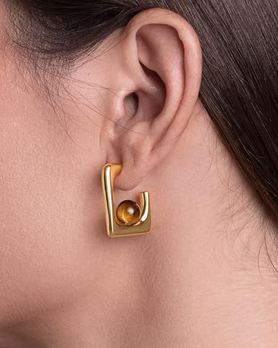 Thin Gold Open Square Hoops Statement Earrings with Brown Tiger Eye Stone for Women by SNGIA, Small Bold Handmade Exaggerated Irregular Trendy Jewelry Gifts, Simple Geometric Post Hoop Huggie Summer Beach Fashion Earrings Accessories, Dainty Vintage Nickle Free Dangle Earrings.4
