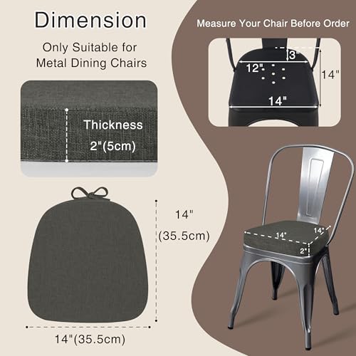 Image of OVOV 14x14 Chair Cushions for Metal Dining Chairs Set of 4 Dark Grey | Non Slip, Washable Removable Cover with Ties, Textured, for Dining Room, Kitchen Cafes Bistro Patio, Stackable Chairs