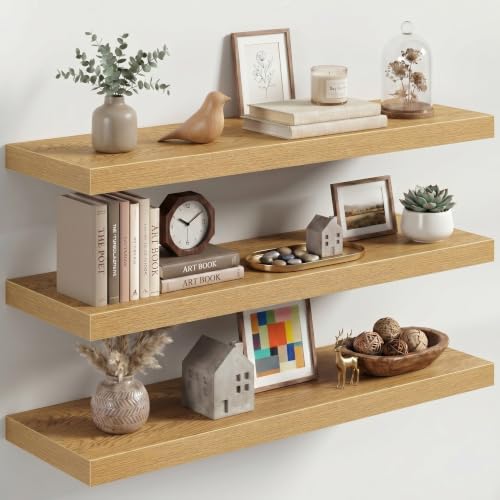 Image of Fun Memories 32 Inch Floating Shelves for Wall, Oak Wood Wall Mounted Shelf with Invisible Bracket, 10 Inch Deep Large Shelves for Living Room Bathroom Bedroom, Set of 3