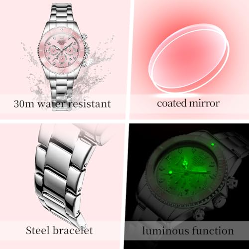Image of OLEVS Women Dress Watch, Two Tone Diamond Quartz Wrist Watch, Stainless Steel Waterproof Luminous Day Date Ladies Chronograph Gift Watch