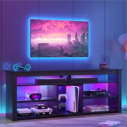Bestier TV Stand for 70 inch TV, Tall Entertainment Center with 2 Led Lights, Gaming TV Console with Storage for PS5, Modern TV Cabinet for Bedroom, Living Room, Black Carbon Fiber