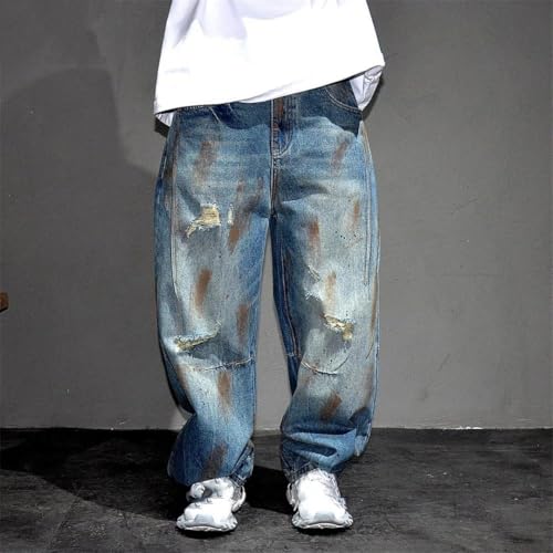 Men’S Casual Streetwear Ripped Baggy Cargo Denim Full Length Pants Button Fly Midweight Distressed Hole Detail2
