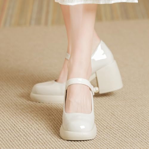 Women's Patent Leather Mary Jane Platform Chunky Heel Pumps Classic Round Toe Ankle Strap Non-Slip Mid Block Heel Dress Shoes with Adjustable Hook and Loop4