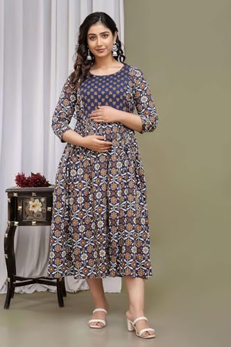 Image of Maternity Feeding Kurtis for Women Cotton - Zip Access Nursing Dress | Comfortable Pregnancy Wear | Stylish Feeding Kurti | Soft Cotton Maternity Dresses for Womens