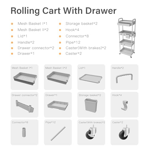 Image of 4 Tier Rolling Utility Cart with Drawer,REBECAT Utility Cart Made of Multifunctional Storage Organizer Tool for Kitchen,Bathroom,Living Room,Office(Gray)