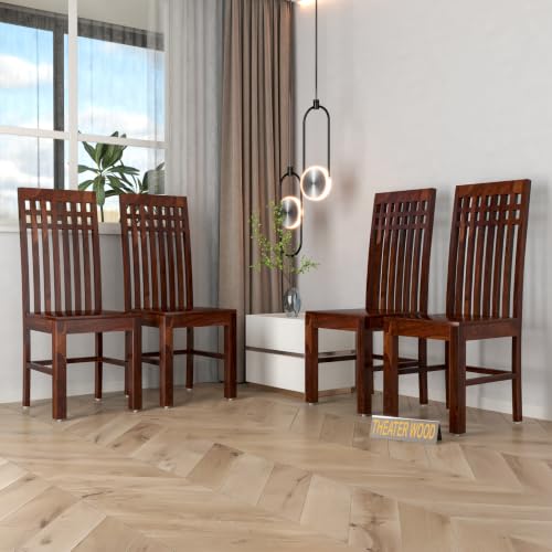 Image of Solid Sheesham Wood Dining Chair Set of 4 | Premium Wooden Dining Chairs | Elegant Vertical Slatted High Backrest | Heavy Duty Dining Table Chairs for Home, Kitchen & Dining Room
