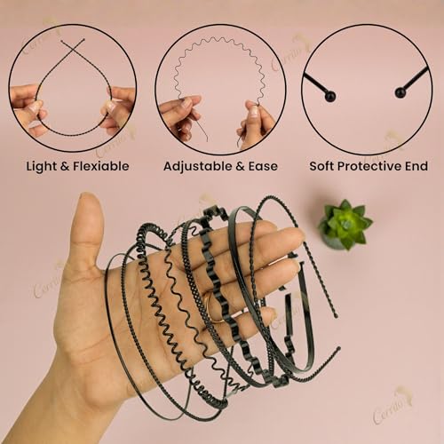 Image of Cerrito Black Metal Hair Band for Men - 8 Pcs Wavy Non-Slip Adjustable Headbands for Women, Boys, and Girls, Facial Sports, Yoga, Running, Face Wash, Fashion Hair Accessories