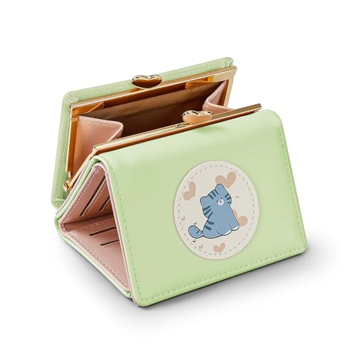 Wallet Women, Small Cute Cat Trifold Wallets Woman, Ladies Wallet with Heart Shaped Kiss-lock Coin Purse Pouch with ID Window for Card Cash Change (Green)